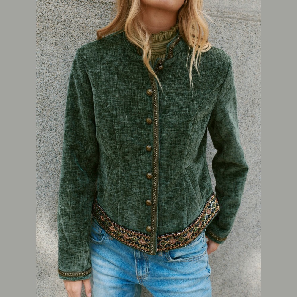 Olive Green Hatched Textured Button Front Stand Collar Cropped Jacket